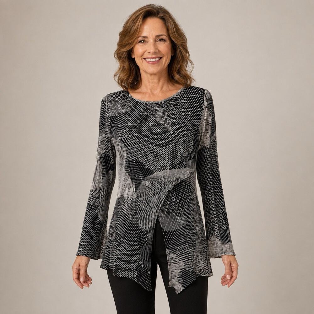 Connected Apparel Tunic S/M Floral Art Black Knit Split Asymmetric Hem Lagenlook